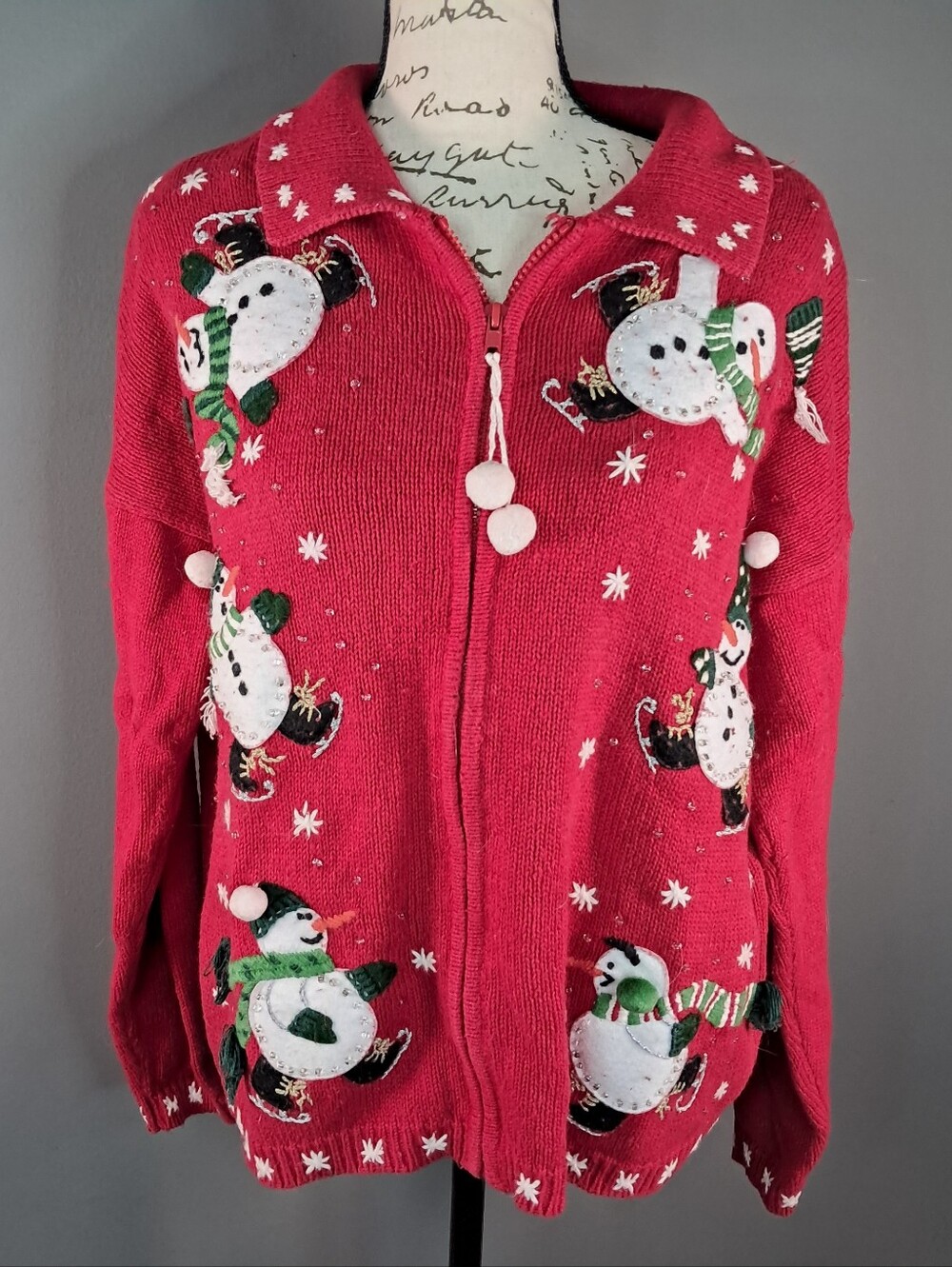 Vintage Tiara Women Red Snowman Zip Up Ugly Christmas Sweater Size Medium